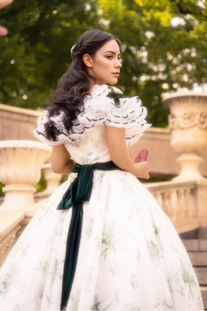 Green and White Embroidered Baroque Dress with Victorian Charm - Rococo Elegance Floral Gown Plus Size