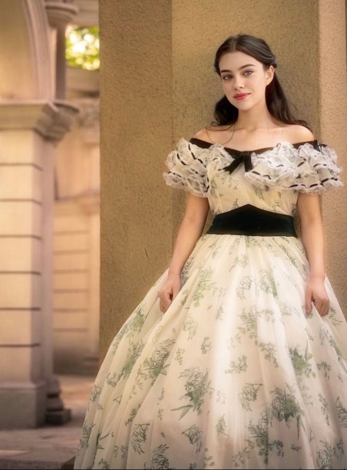 Green and White Embroidered Baroque Dress with Victorian Charm - Rococo Elegance Floral Gown Plus Size - WonderlandByLilian