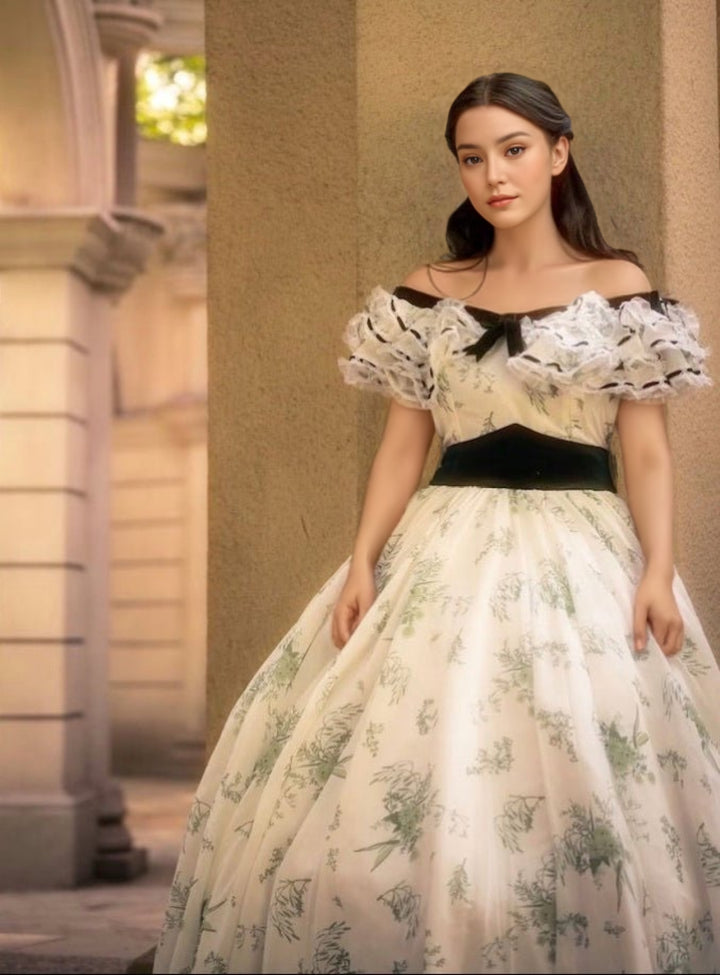 Green and White Embroidered Baroque Dress with Victorian Charm - Rococo Elegance Floral Gown Plus Size