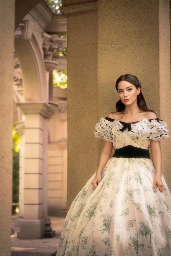 Green and White Embroidered Baroque Dress with Victorian Charm - Rococo Elegance Floral Gown Plus Size