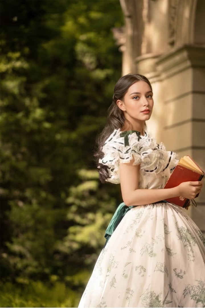Green and White Embroidered Baroque Dress with Victorian Charm - Rococo Elegance Floral Gown Plus Size