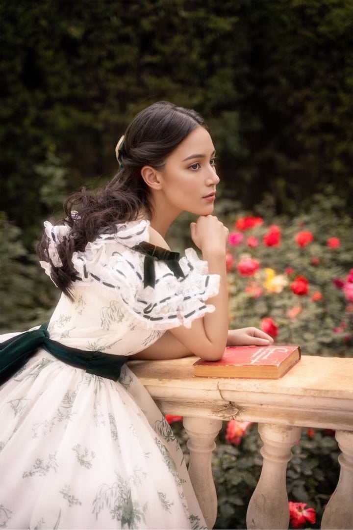 Green and White Embroidered Baroque Dress with Victorian Charm - Rococo Elegance Floral Gown Plus Size