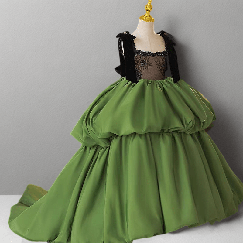 Green Ball Gown Flower Girl Dress with Lace Bodice and Bow Straps for Special Occasion - Plus Size - WonderlandByLilian