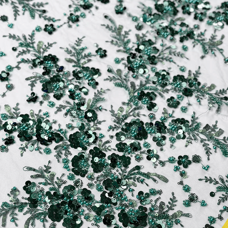 Green Sequin Embroidered Floral Tulle Lace Fabric - WonderlandByLilian