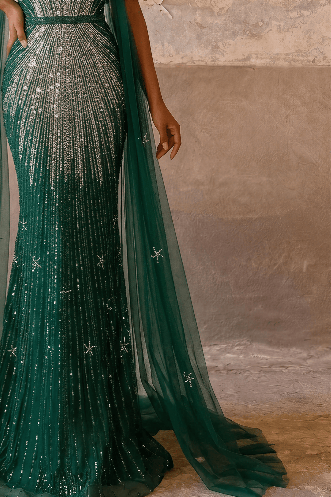 Green Sequin Evening Gown with Pleated Sleeves – Sparkly Maxi Dress with Tulle Train Plus Size - WonderlandByLilian