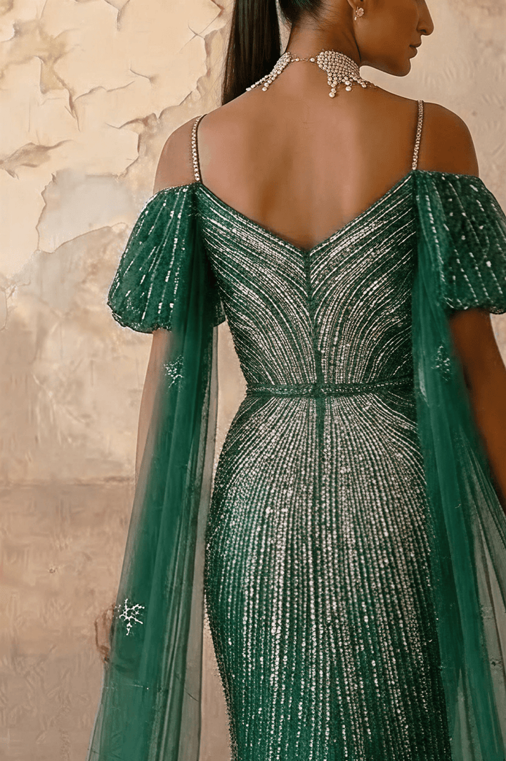 Green Sequin Evening Gown with Pleated Sleeves – Sparkly Maxi Dress with Tulle Train Plus Size - WonderlandByLilian