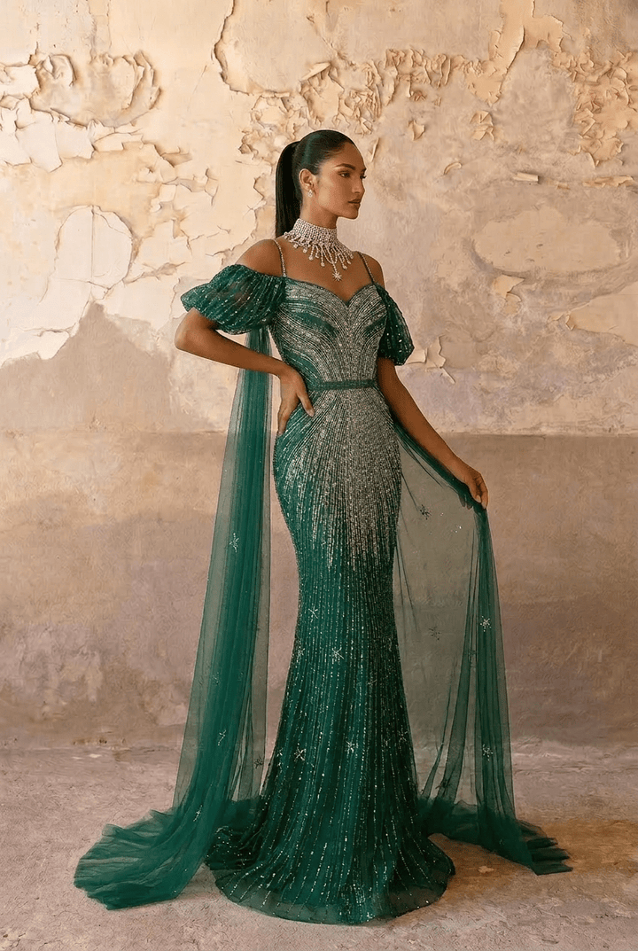 Green Sequin Evening Gown with Pleated Sleeves – Sparkly Maxi Dress with Tulle Train Plus Size Size 26W / Teal Green / No Choker