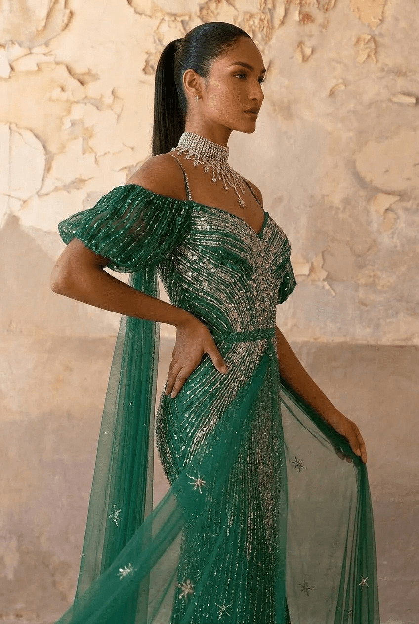 Green Sequin Evening Gown with Pleated Sleeves – Sparkly Maxi Dress with Tulle Train Plus Size - WonderlandByLilian