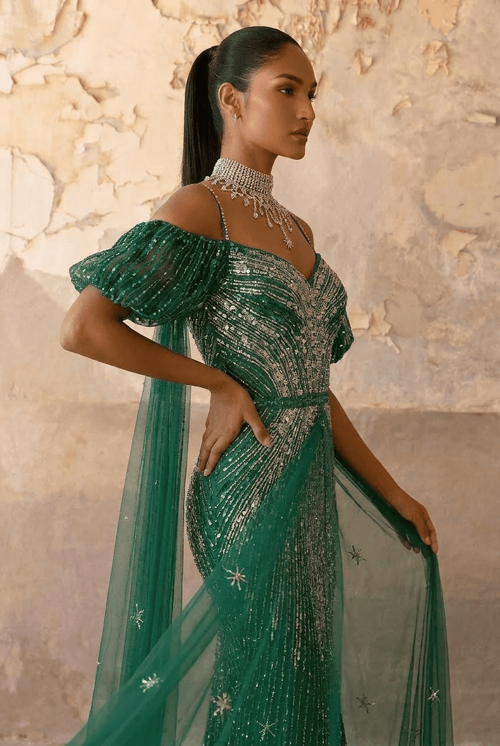Green Sequin Evening Gown with Pleated Sleeves – Sparkly Maxi Dress with Tulle Train Plus Size - WonderlandByLilian