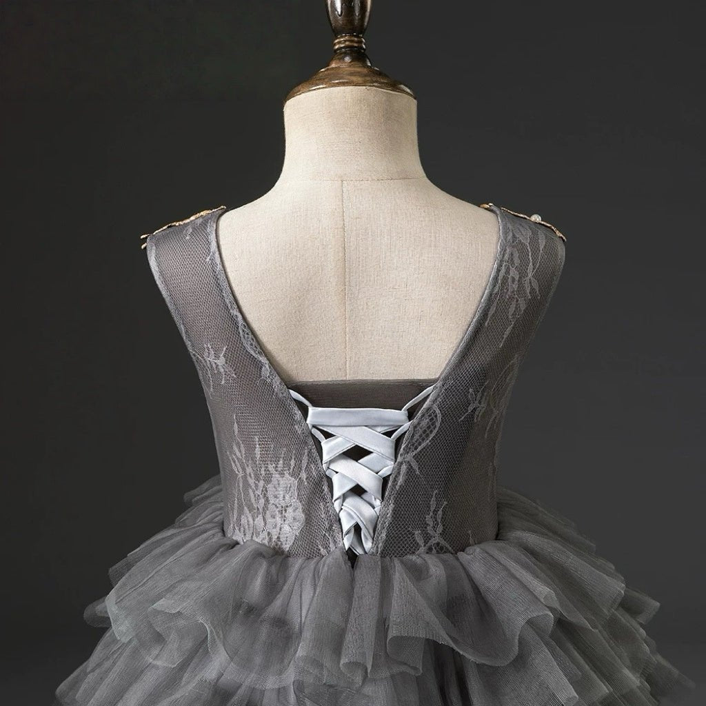 Grey and Gold Layered Tulle Flower Girl Dress with Embroidered Bodice – Lace Flower Girl Dress Plus Size - WonderlandByLilian