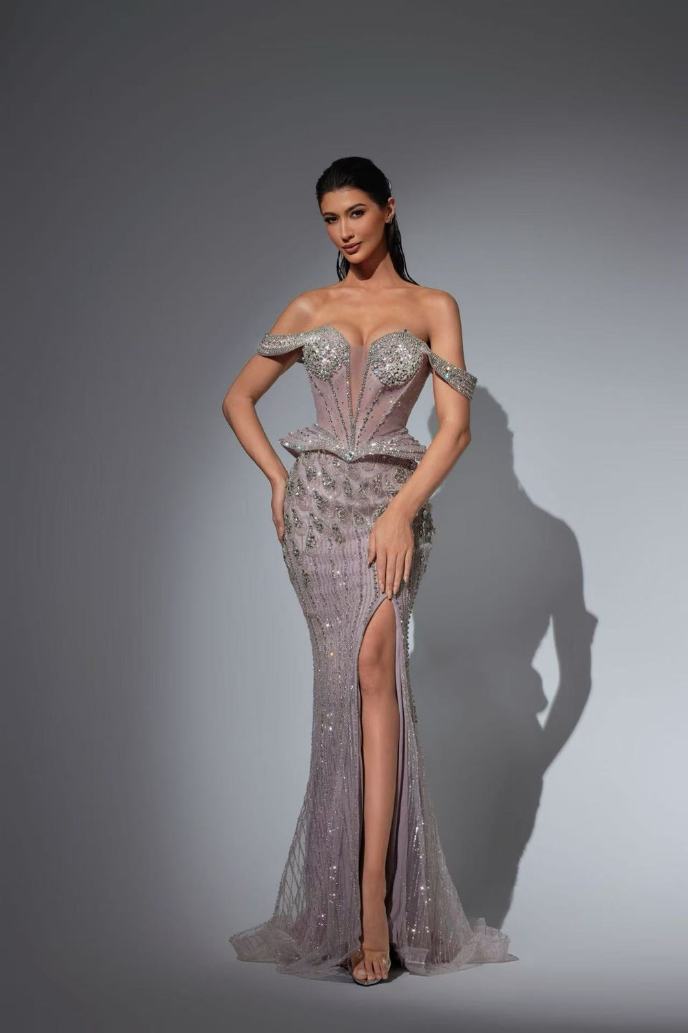 Grey Embellished Gown with Pearl Corset Bodice – Sequins Evening Gown with Slit Plus Size - WonderlandByLilian