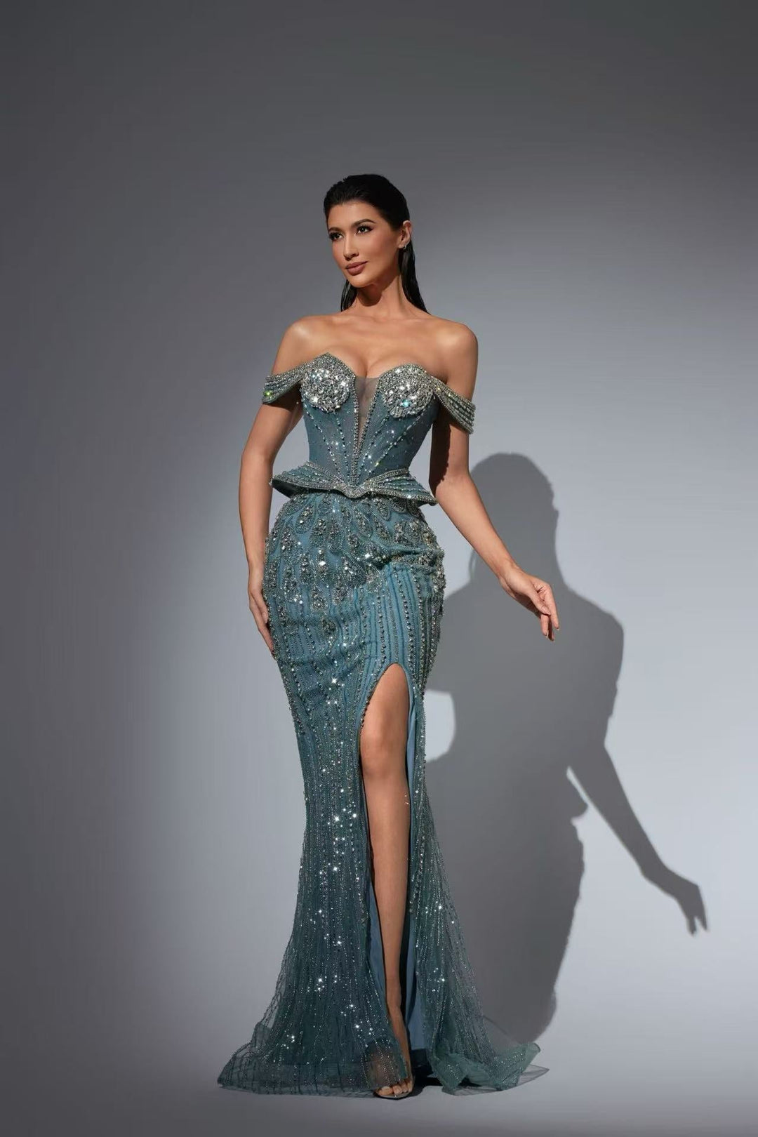 Grey Embellished Gown with Pearl Corset Bodice – Sequins Evening Gown with Slit Plus Size - WonderlandByLilian