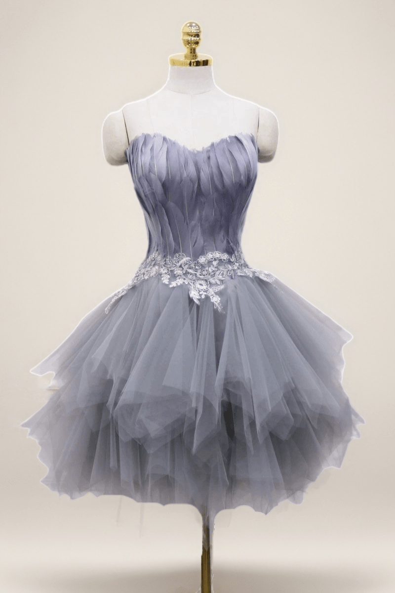 Grey Feathered Short Wedding Party Dress - Layered Tulle Dress - Strapless Corset Bridal Gown Plus Size - WonderlandByLilian
