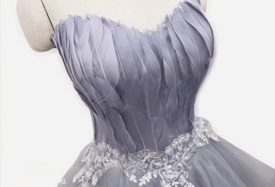 Grey Feathered Short Wedding Party Dress - Layered Tulle Dress - Strapless Corset Bridal Gown Plus Size - WonderlandByLilian