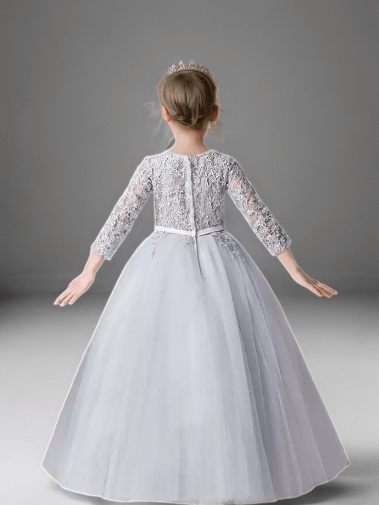 Grey Lace Long Sleeve Flower Girl Dress with Tulle Skirt – Elegant Special Occasion Flower Girl Dress Plus Size - WonderlandByLilian