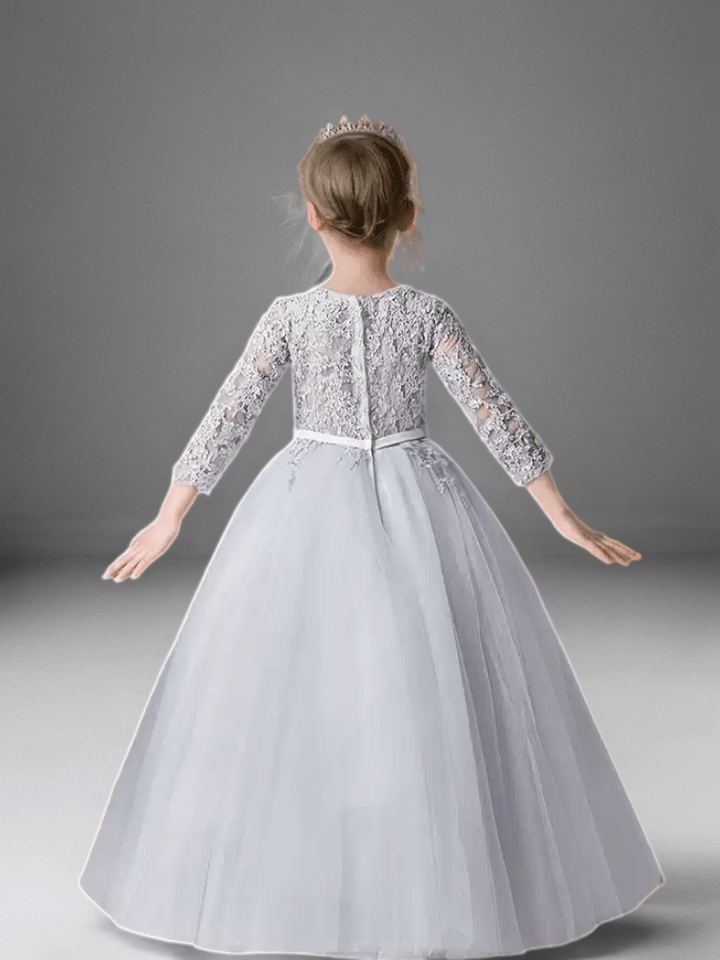 Grey Lace Long Sleeve Flower Girl Dress with Tulle Skirt – Elegant Special Occasion Flower Girl Dress Plus Size - WonderlandByLilian