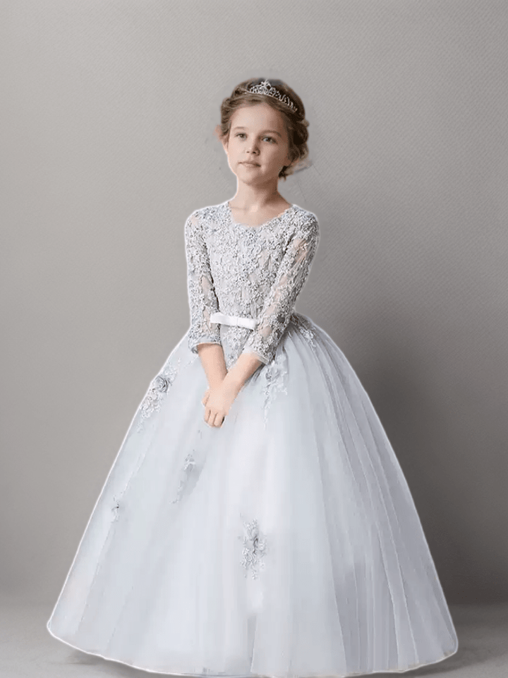 Grey Lace Long Sleeve Flower Girl Dress with Tulle Skirt – Elegant Special Occasion Flower Girl Dress Plus Size - WonderlandByLilian