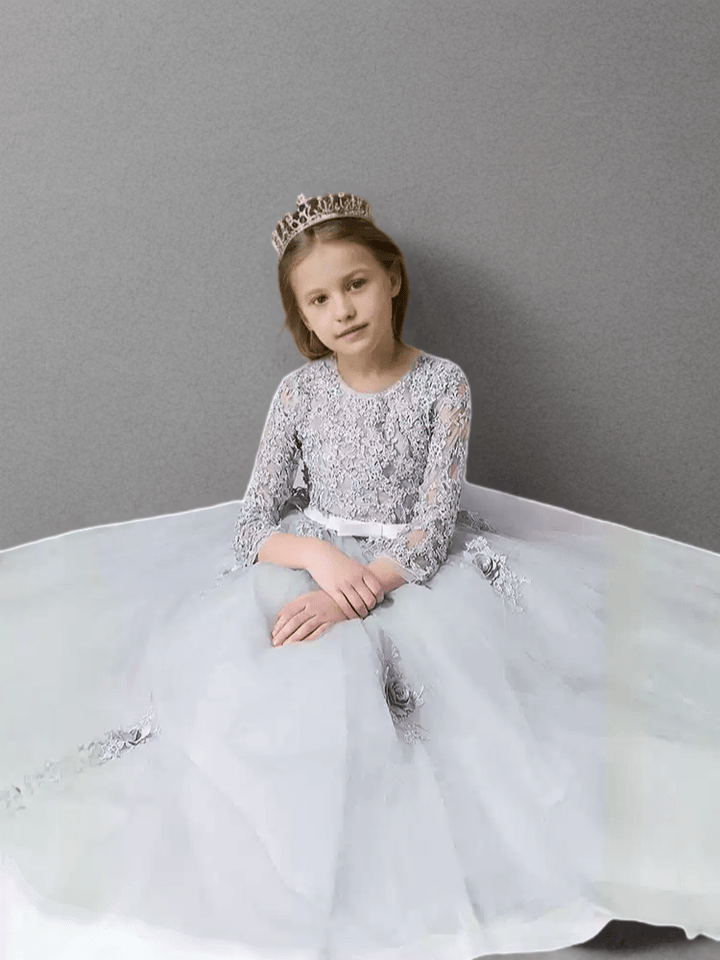 Grey Lace Long Sleeve Flower Girl Dress with Tulle Skirt – Elegant Special Occasion Flower Girl Dress Plus Size - WonderlandByLilian