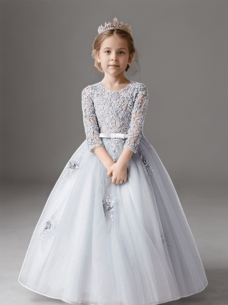Grey Lace Long Sleeve Flower Girl Dress with Tulle Skirt – Elegant Special Occasion Flower Girl Dress Plus Size - WonderlandByLilian