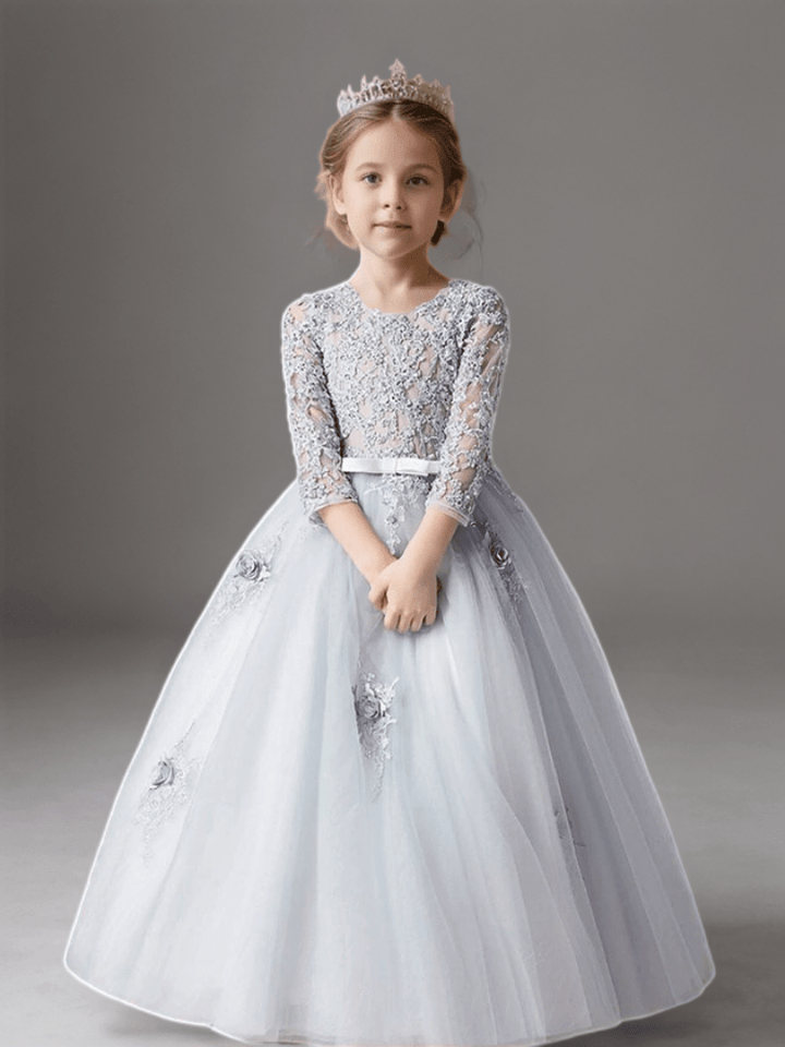 Grey Lace Long Sleeve Flower Girl Dress with Tulle Skirt – Elegant Special Occasion Flower Girl Dress Plus Size - WonderlandByLilian