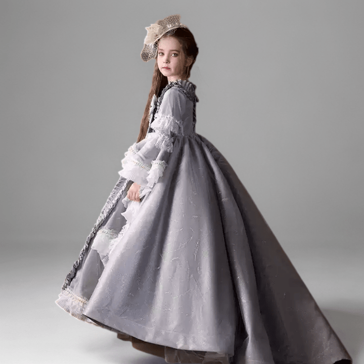Grey Rococo Inspired Flower Girl Dress with Lace Ruffles – Long Sleeve Flower Girl Dress Plus Size - WonderlandByLilian
