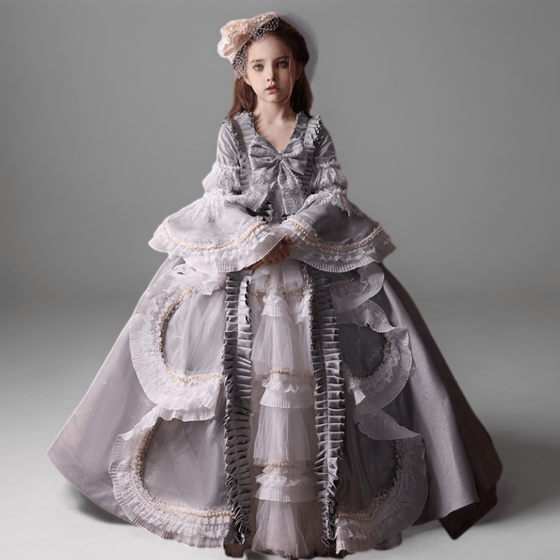 Grey Rococo Inspired Flower Girl Dress with Lace Ruffles – Long Sleeve Flower Girl Dress Plus Size - WonderlandByLilian