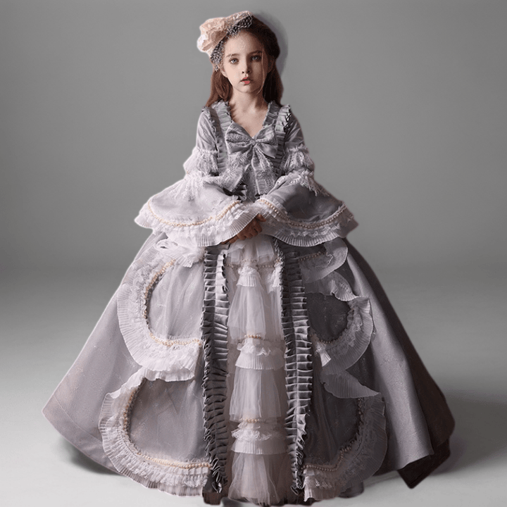 Grey Rococo Inspired Flower Girl Dress with Lace Ruffles – Long Sleeve Flower Girl Dress Plus Size - WonderlandByLilian