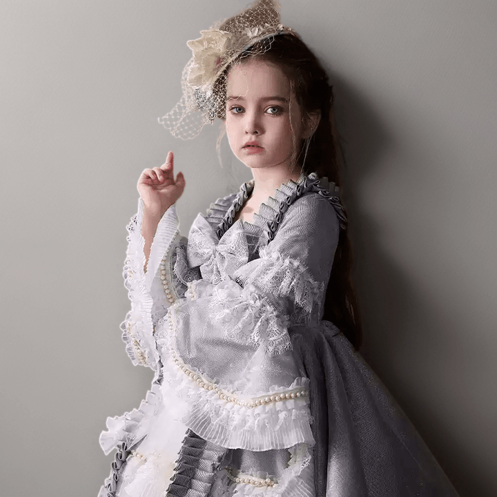 Grey Rococo Inspired Flower Girl Dress with Lace Ruffles – Long Sleeve Flower Girl Dress Plus Size - WonderlandByLilian