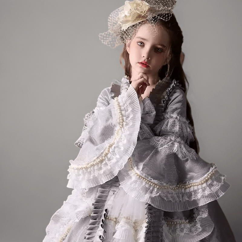 Grey Rococo Inspired Flower Girl Dress with Lace Ruffles – Long Sleeve Flower Girl Dress Plus Size - WonderlandByLilian