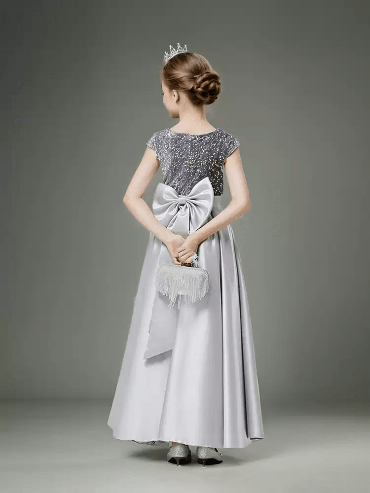 Grey Satin Flower Girl Dress with Glitter Bodice – Special Occasion Flower Girl Dress with Bow Plus Size - WonderlandByLilian