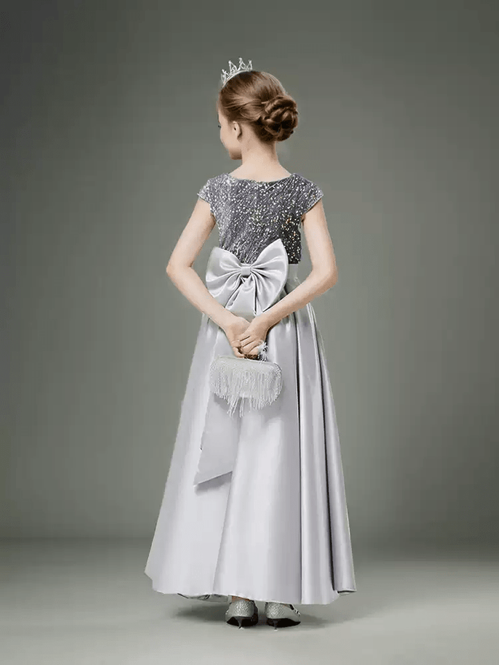 Grey Satin Flower Girl Dress with Glitter Bodice – Special Occasion Flower Girl Dress with Bow Plus Size - WonderlandByLilian