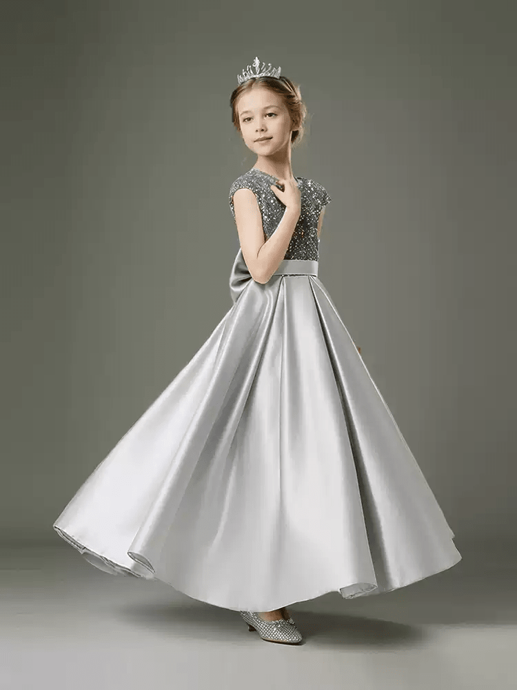 Grey Satin Flower Girl Dress with Glitter Bodice – Special Occasion Flower Girl Dress with Bow Plus Size - WonderlandByLilian