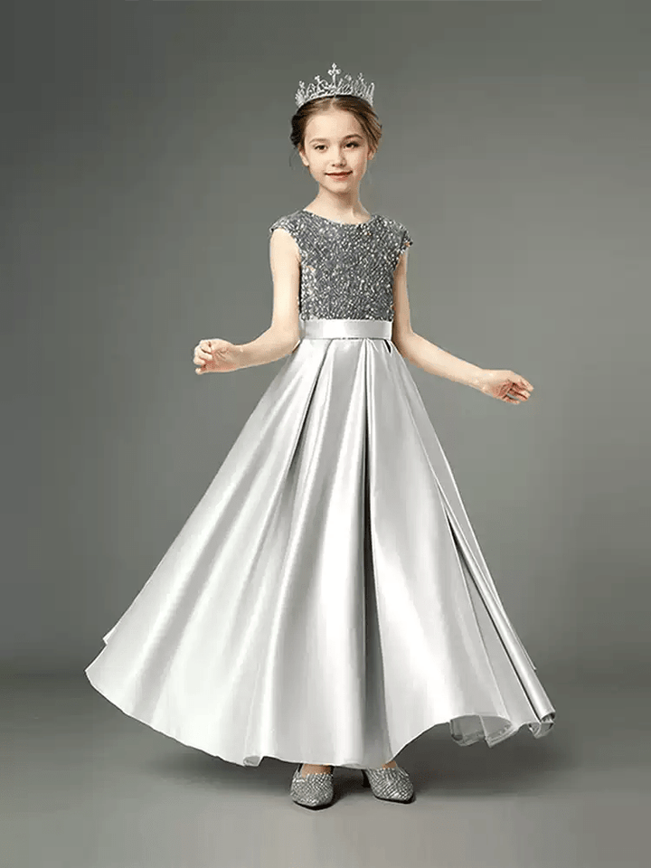 Grey Satin Flower Girl Dress with Glitter Bodice – Special Occasion Flower Girl Dress with Bow Plus Size - WonderlandByLilian