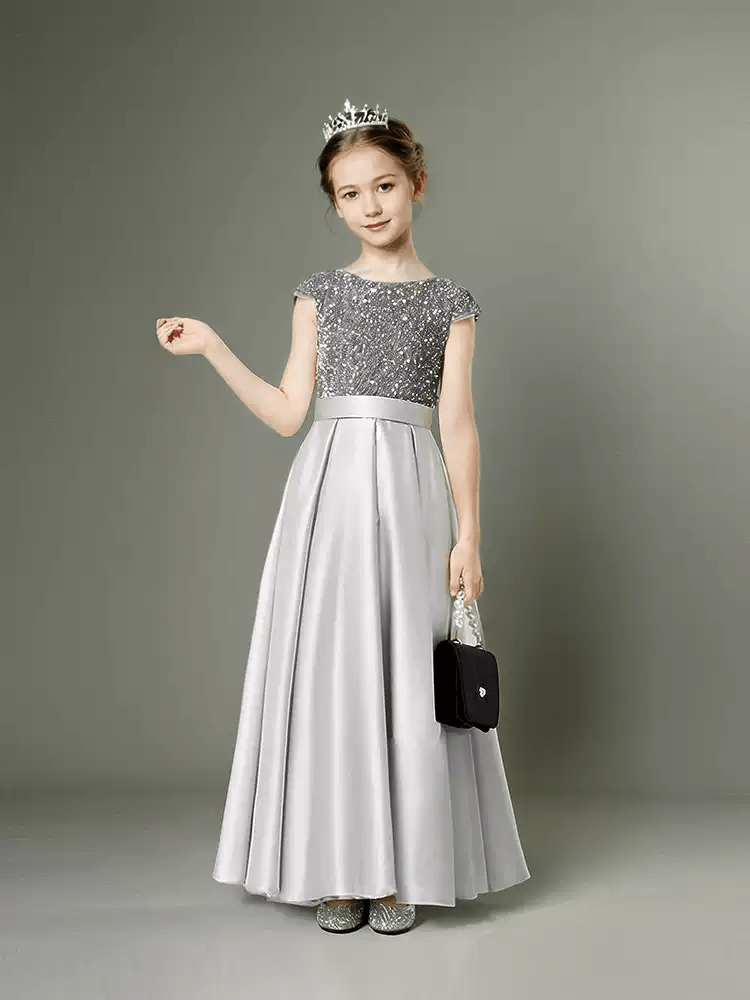 Grey Satin Flower Girl Dress with Glitter Bodice – Special Occasion Flower Girl Dress with Bow Plus Size - WonderlandByLilian