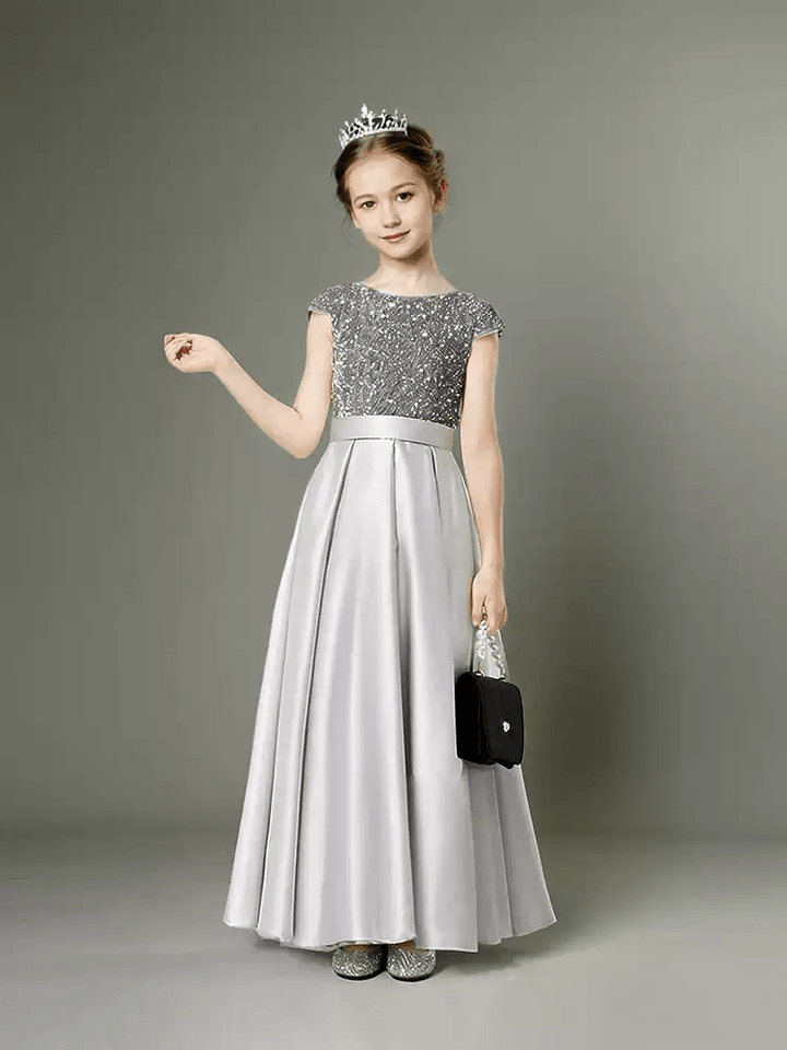 Grey Satin Flower Girl Dress with Glitter Bodice – Special Occasion Flower Girl Dress with Bow Plus Size - WonderlandByLilian