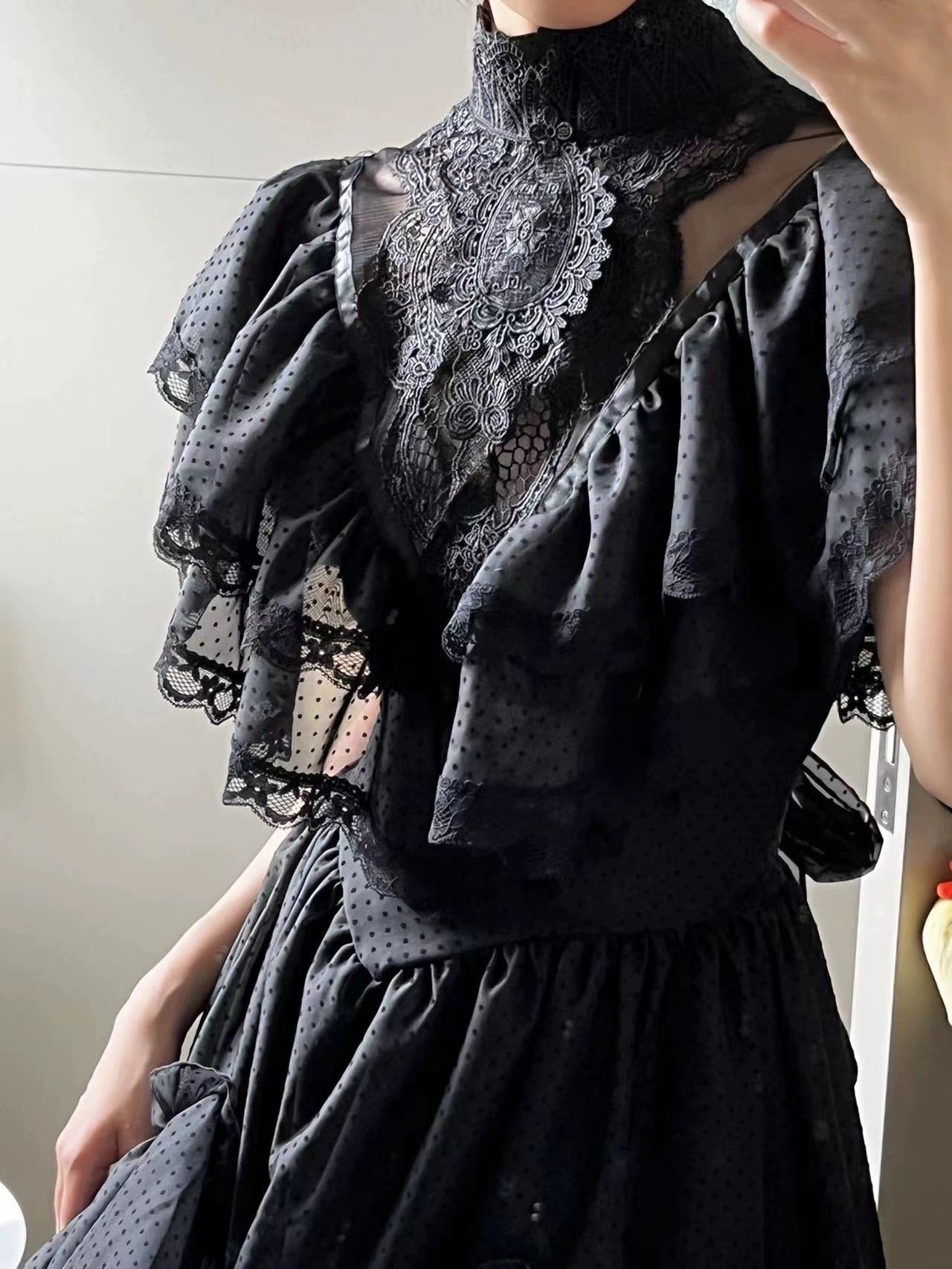 Gunne Sax Inspired Black Gothic Lace Dress With Short Sleeves - Vintage Edwardian Style Victorian Black Wedding Dress - Plus Size - WonderlandByLilian