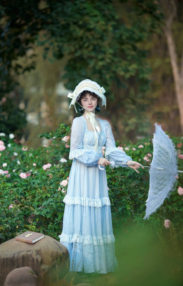 Gunne Sax Inspired Blue Embroidery Victorian Day Dress - WonderlandByLilian