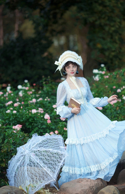 Gunne Sax Inspired Blue Embroidery Victorian Day Dress - WonderlandByLilian