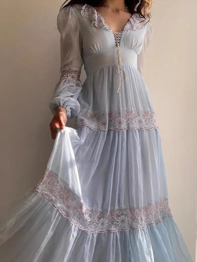 Gunne Sax Inspired Blue Lace Ruffled V-neck Maxi Dress - Victorian Lace Day Dress - Plus Size - WonderlandByLilian