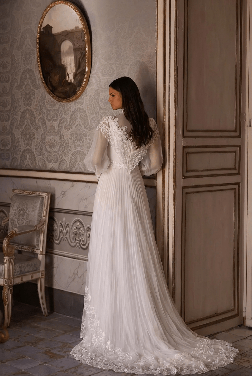 Gunne Sax Inspired Ivory Vintage Victorian Wedding Dress – High Neck Lace Pleated Bridal Gown Plus Size - WonderlandByLilian