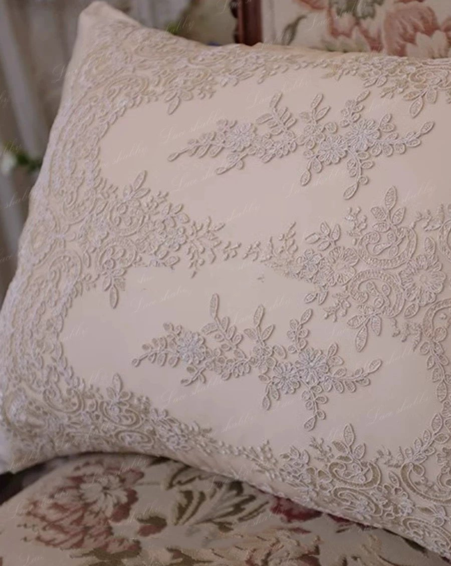 Handmade Champagne Lace Rectangular Pillow – European Floral Cushion & Satin - Inspired Vintage Accent - WonderlandByLilian