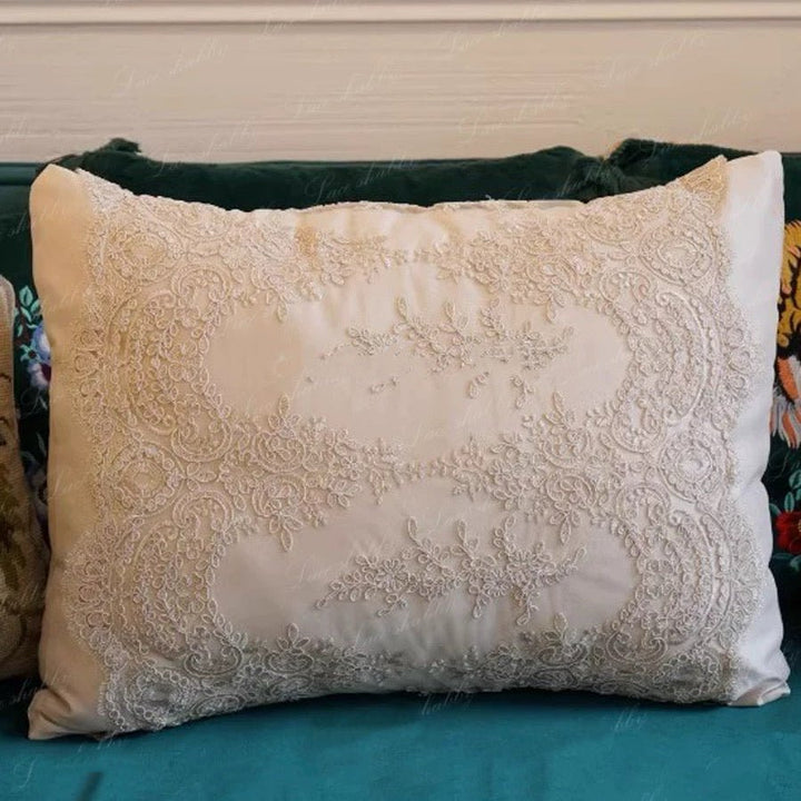 Handmade Champagne Lace Rectangular Pillow – European Floral Cushion & Satin - Inspired Vintage Accent - WonderlandByLilian