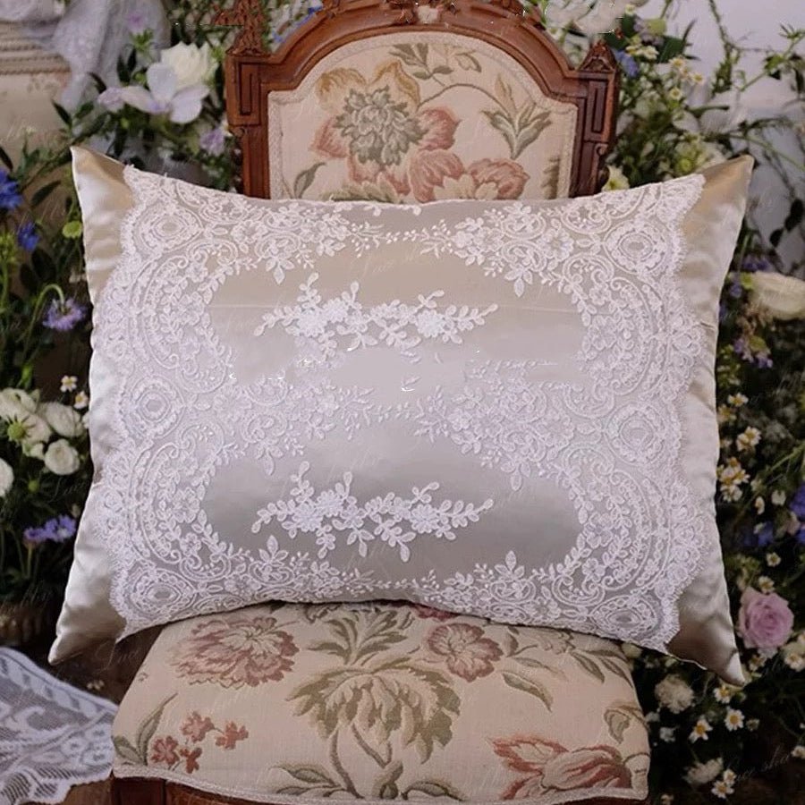 Handmade Champagne Lace Rectangular Pillow – European Floral Cushion & Satin - Inspired Vintage Accent - WonderlandByLilian
