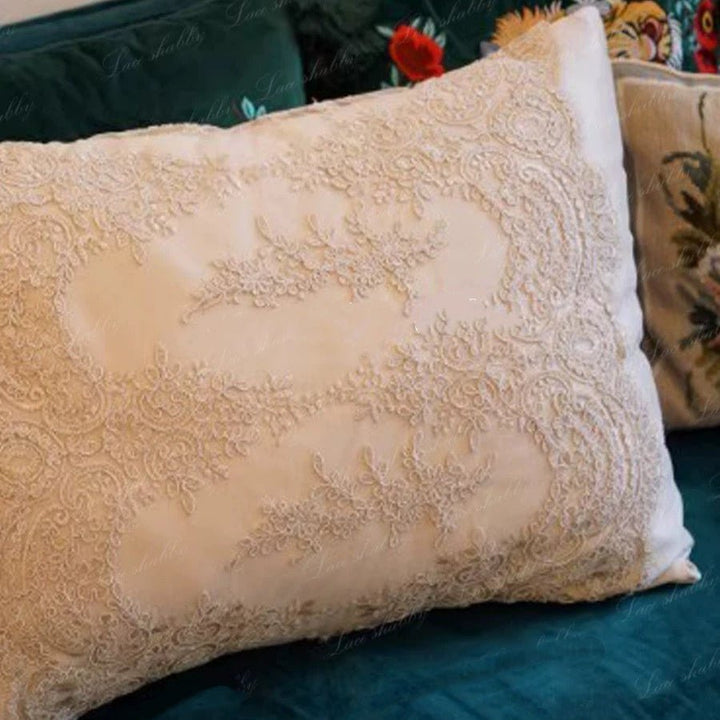 Handmade Champagne Lace Rectangular Pillow – European Floral Cushion & Satin - Inspired Vintage Accent - WonderlandByLilian