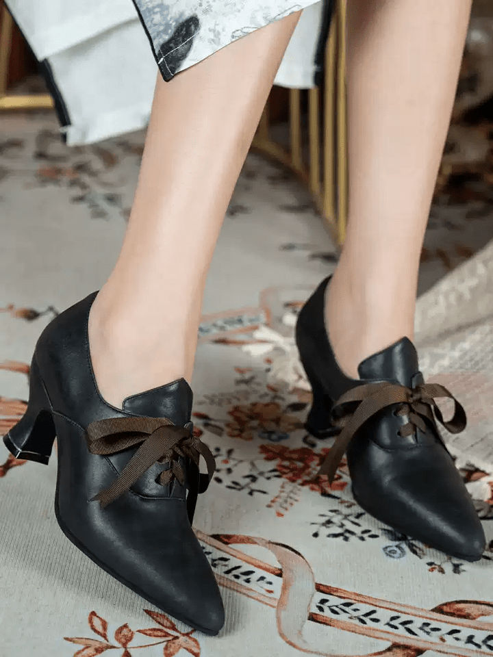 Handmade Gothic Black Matte Genuine Leather Victorian Lace - Up Heels - WonderlandByLilian