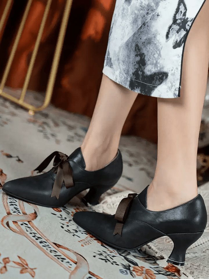 Handmade Gothic Black Matte Genuine Leather Victorian Lace - Up Heels - WonderlandByLilian