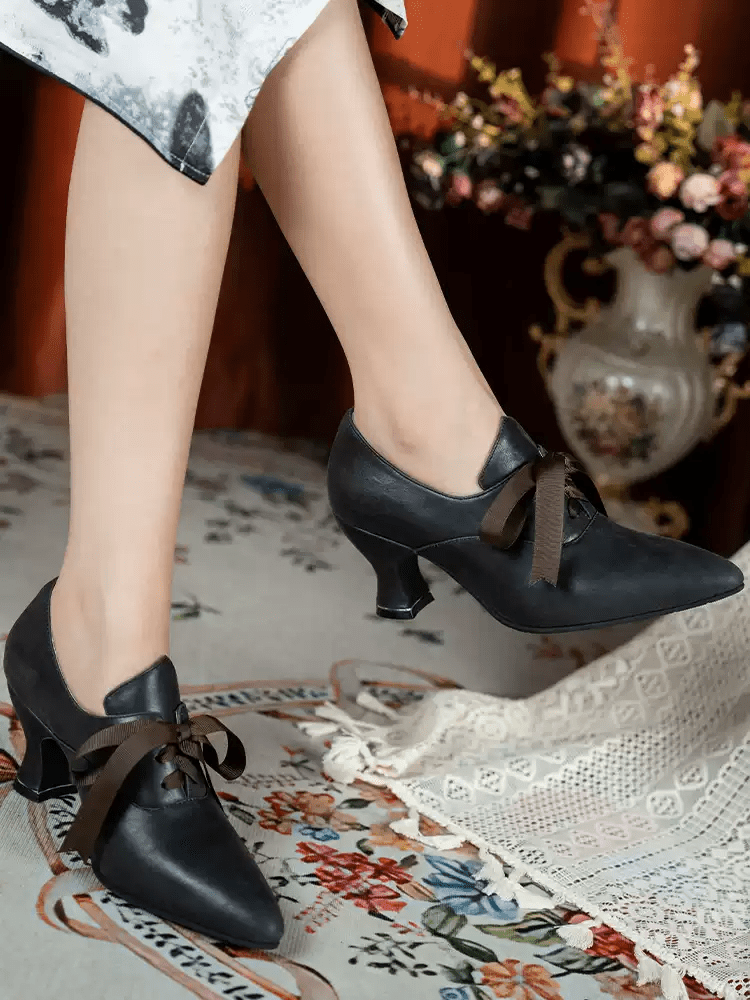 Handmade Gothic Black Matte Genuine Leather Victorian Lace - Up Heels - WonderlandByLilian