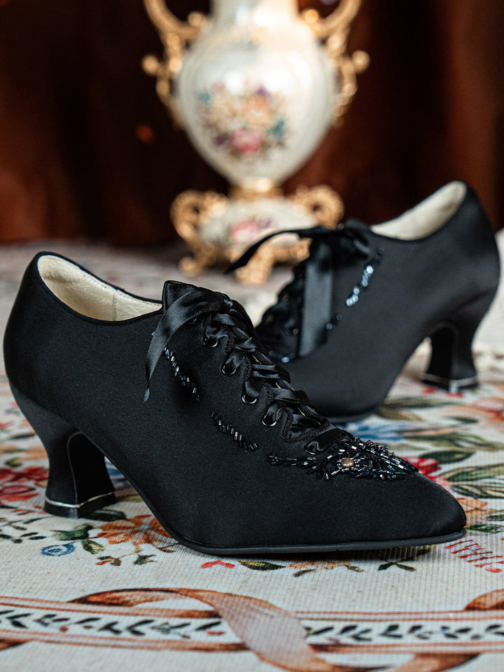 Handmade Gothic Black Silk Satin Victorian Lace - Up Heels with Beaded Embroidery - WonderlandByLilian