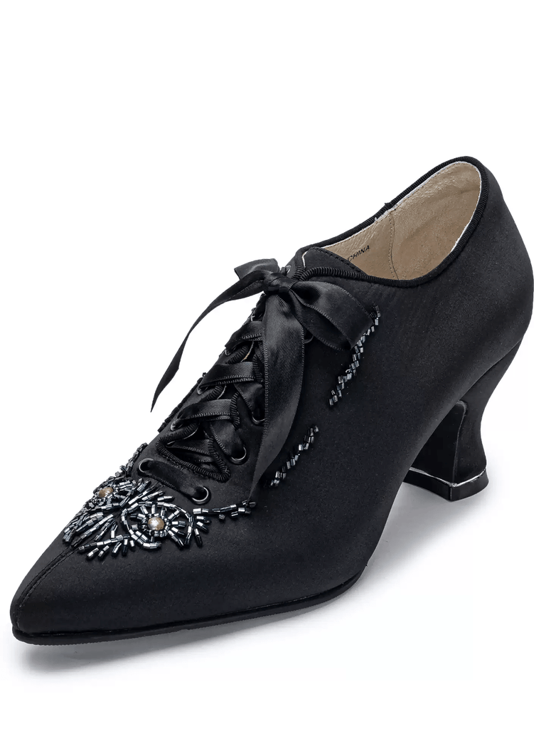 Handmade Gothic Black Silk Satin Victorian Lace-Up Heels with Beaded Embroidery US 6 (EUR 36) / Black