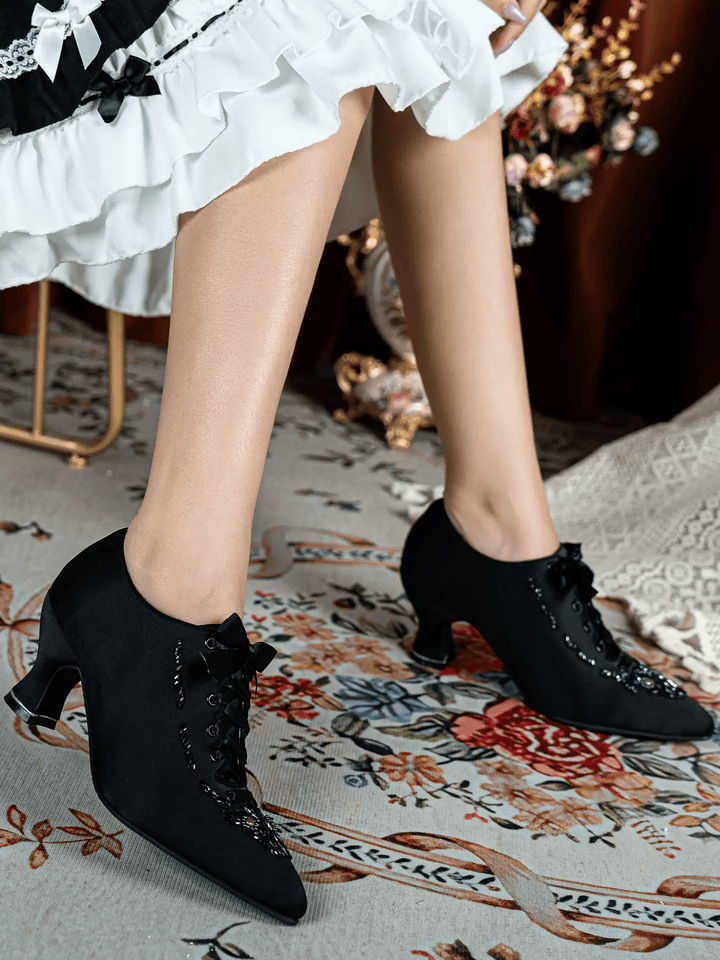 Handmade Gothic Black Silk Satin Victorian Lace - Up Heels with Beaded Embroidery - WonderlandByLilian
